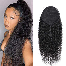 Load image into Gallery viewer, Human Hair Ponytail Extensions Yaki Afro Kinky Straight Curly Ponytail Wrap Drawstring Human Hair Natural Black Color Hairpiece with Clip in Binding Pony Tail