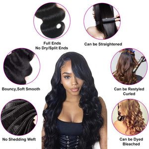 Bex Hair Brazilian Human Hair Body Wave 3 Bundles with Closure Unprocessed Brazilian Body Wave Human Hair Double Weft with Lace Closure 4×4 Free Part