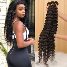 Load image into Gallery viewer, Brazilian Deep Wave Bundles with Closure 10A Virgin Human Hair Bundles with Closure Wet and Wavy Curly Hair Weave 3 Bundles with Lace Closure Free Part