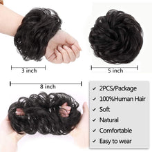 Load image into Gallery viewer, 100% Really Bun Human Hair 2 PCS Messy Bun Scrunchy Wave Curly Chignon Hair Piece for Women Kids and Wedding Updo Donut Hair Clip Extension Ponytails