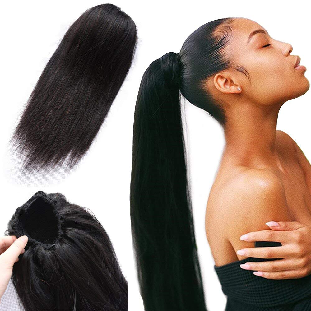 Human Hair Ponytail Extensions Yaki Afro Kinky Straight Curly Ponytail Wrap Drawstring Human Hair Natural Black Color Hairpiece with Clip in Binding Pony Tail