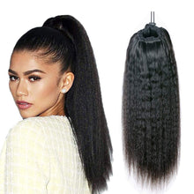 Load image into Gallery viewer, Human Hair Ponytail Extensions Yaki Afro Kinky Straight Curly Ponytail Wrap Drawstring Human Hair Natural Black Color Hairpiece with Clip in Binding Pony Tail