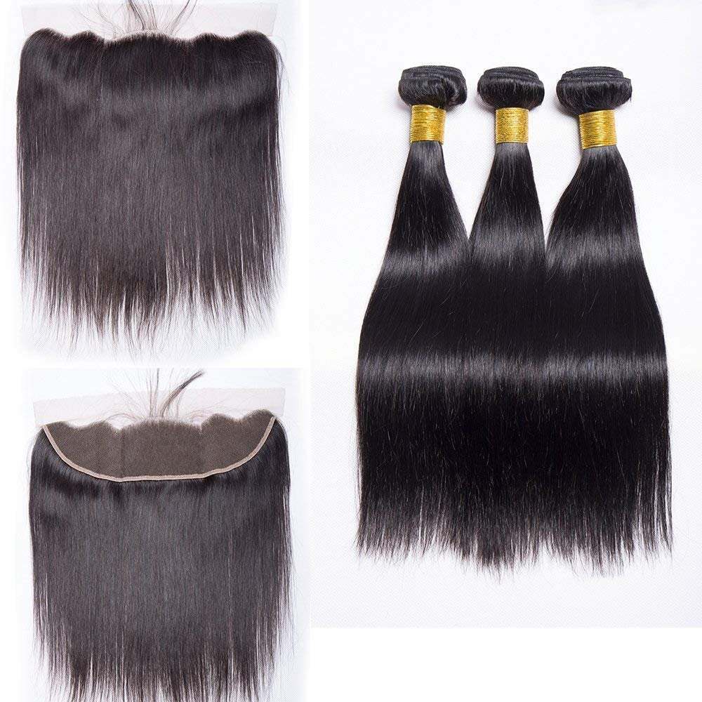 Straight Bundles with 13x4 Lace Frontal 10a Grade 100% Unprocessed Brazilian Virgin Human Hair Natural Black Color Soft Hair for Black Women